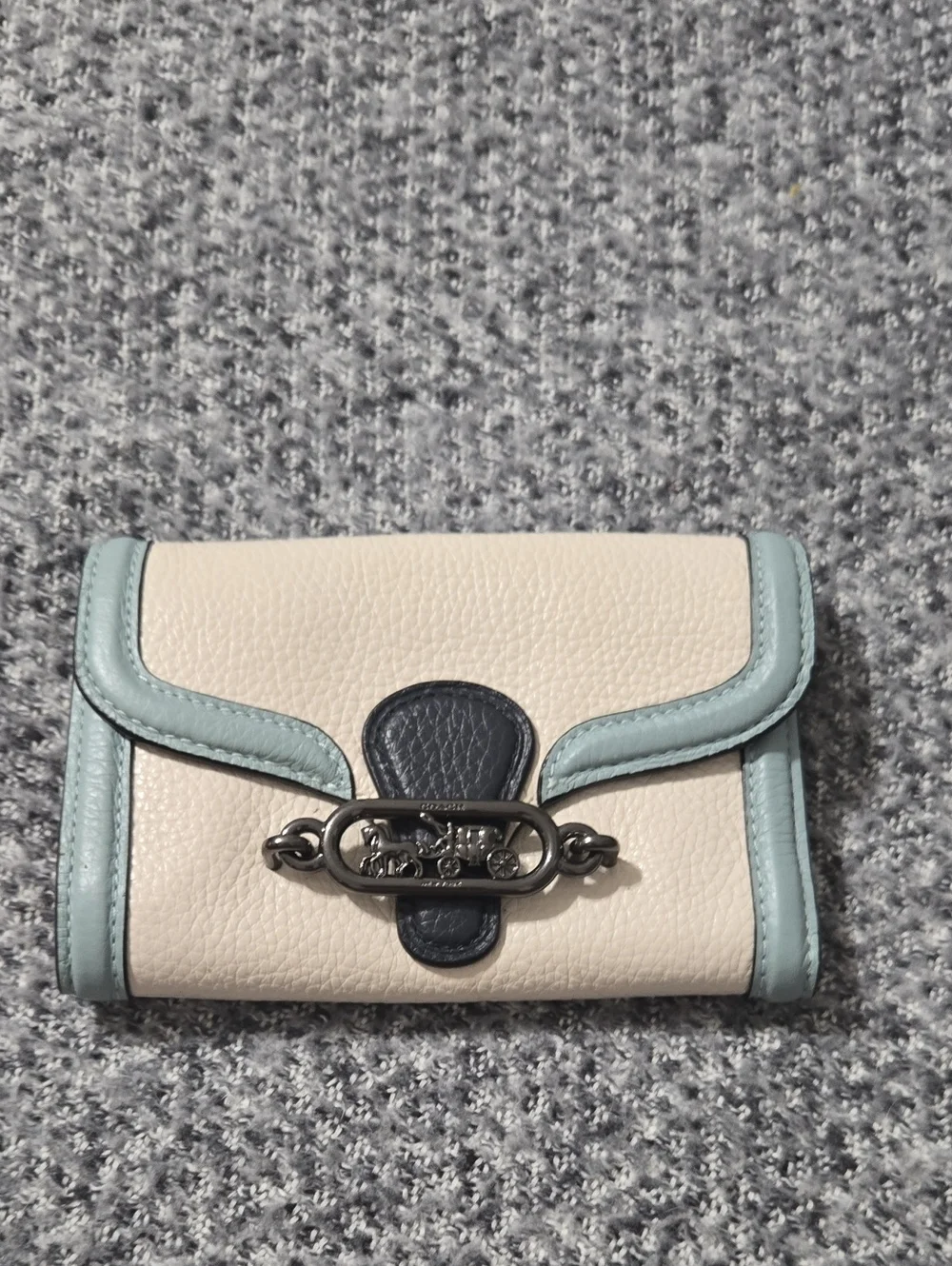 Coach Cream Pebbled Leather Wallet with Light Blue Trim and Navy Hardware